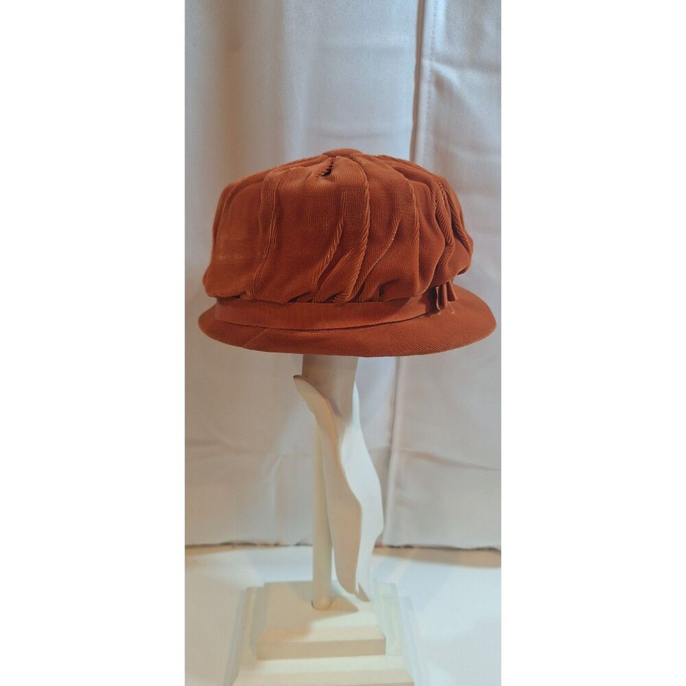 Vtg Brijette Rust Velvet Newsboy Hat Small Short Brim Rouched Cabbie Baker Boy